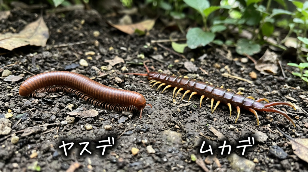 Millipede labeled ヤスデ beside centipede labeled ムカデ on soil