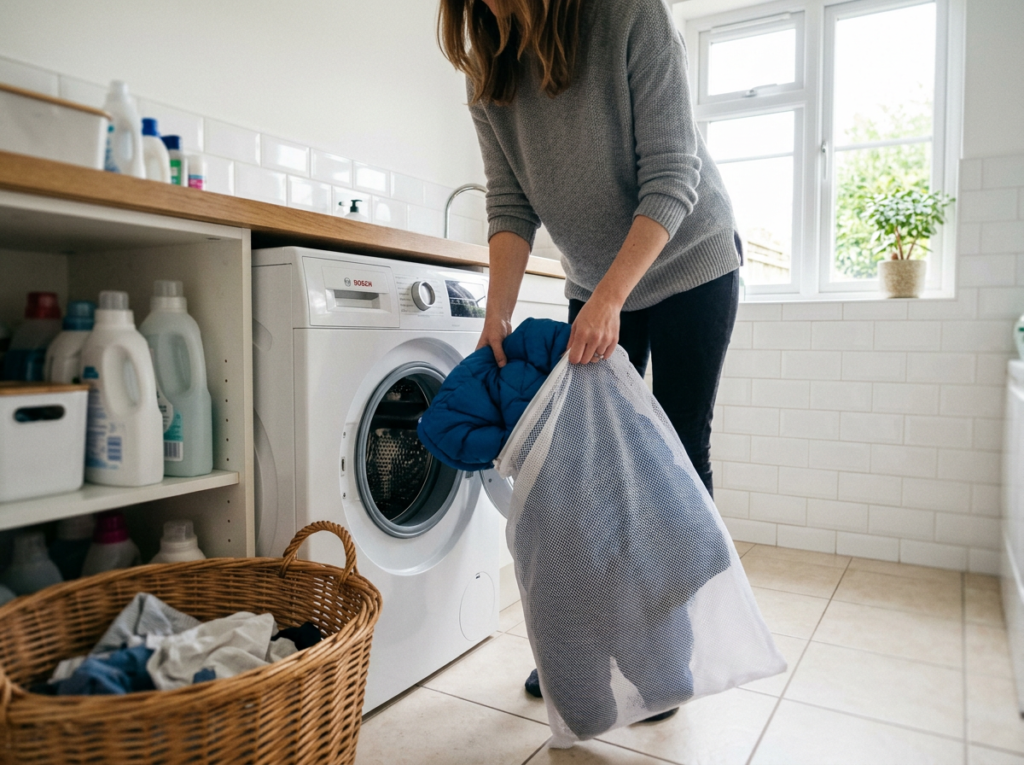 Person loading clothing into a front-loading washing machine